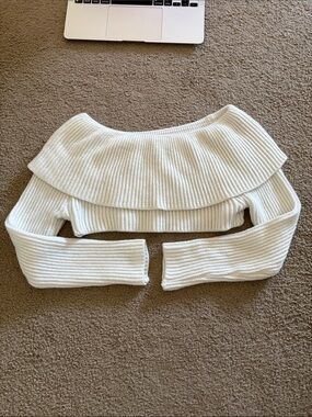 Off-Shoulder Ribbed Knit Crop Sweater in Ivory